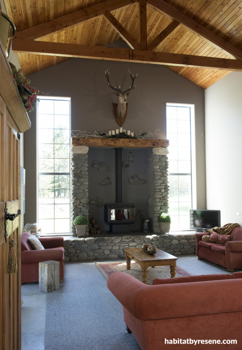 lounge, living room, family room, rustic living room, country inspired, timber ceiling, fireplace 