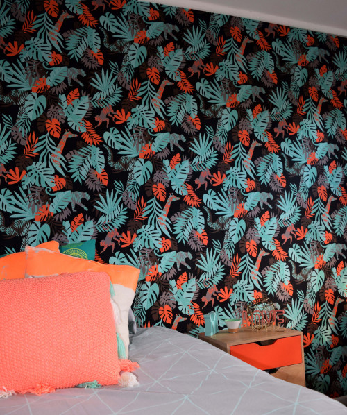 bedroom, kids bedroom, childrens bedroom, feature wall, feature wallpaper, jungle print wallpaper