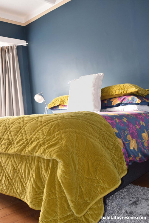 master bedroom, bedroom, blue bedroom, dark blue walls, deep blue, mustard throw 