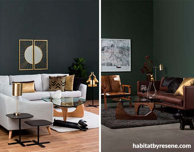 living room, lounge, dark green, dark blue, dark living room, nood furniture 