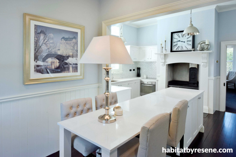 kitchen, dining, blue, villa, resene albescent white