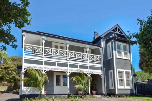 villa, grey, exterior, two-storey, resene albescent white, resene wireless, resene half baltic sea