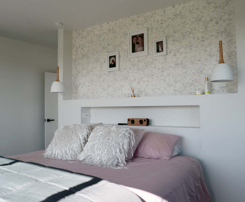 master bedroom, bedroom, wallpaper feature wall, white bedroom, natural tones