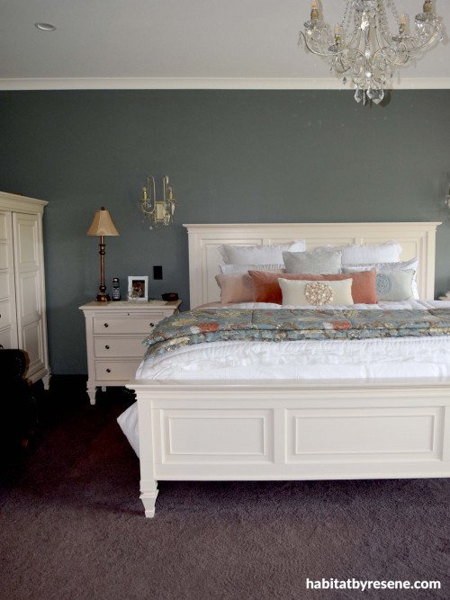 grey, bedroom, green, master bedroom, resene templestone, castle