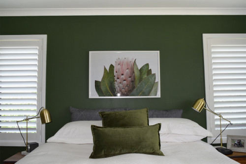 bedroom inspiration, green bedroom ideas, green interior ideas, bedroom feature wall ideas, resene