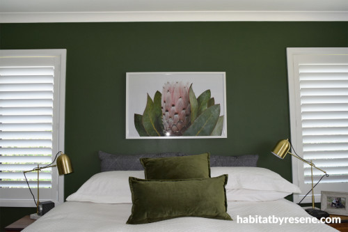 bedroom inspiration, green bedroom ideas, green interior ideas, bedroom feature wall ideas, resene