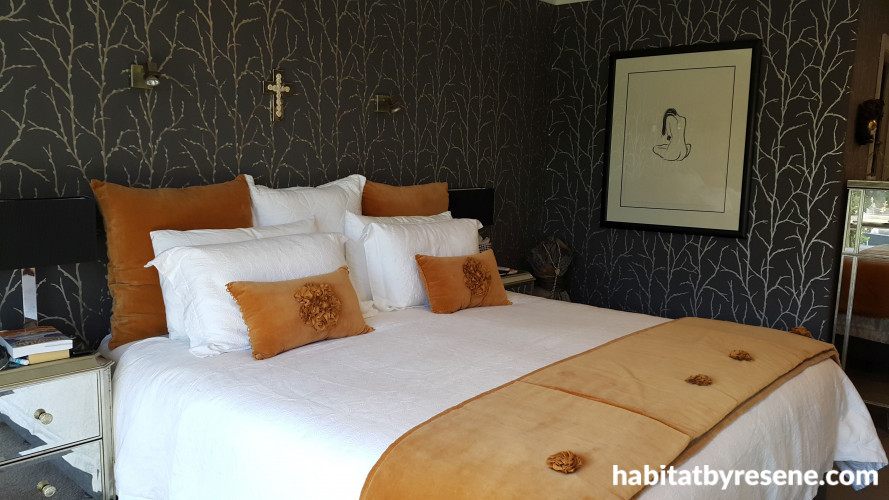 wallpaper, luxury, bedroom trends, master bedroom, charcoal interiors, pattern