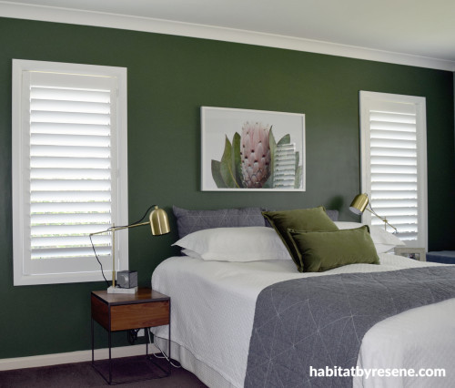 bedroom inspiration, green bedroom ideas, green interior ideas, bedroom feature wall ideas, resene