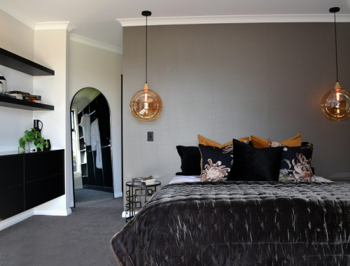 master bedroom, grey bedroom, neutral bedroom, monochrome bedroom, grey wallpaper