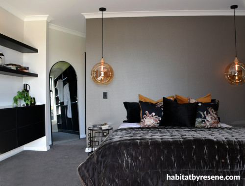 master bedroom, grey bedroom, neutral bedroom, monochrome bedroom, grey wallpaper