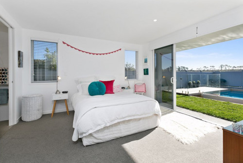 White, master bedroom, wallpaper, paint, interior, sliding door, grey, light