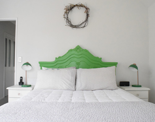 bedroom, headboard, feature headboard, green headboard, white bedroom, upcycling