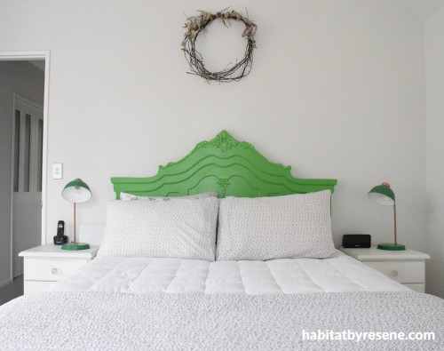 bedroom, headboard, feature headboard, green headboard, white bedroom, upcycling 