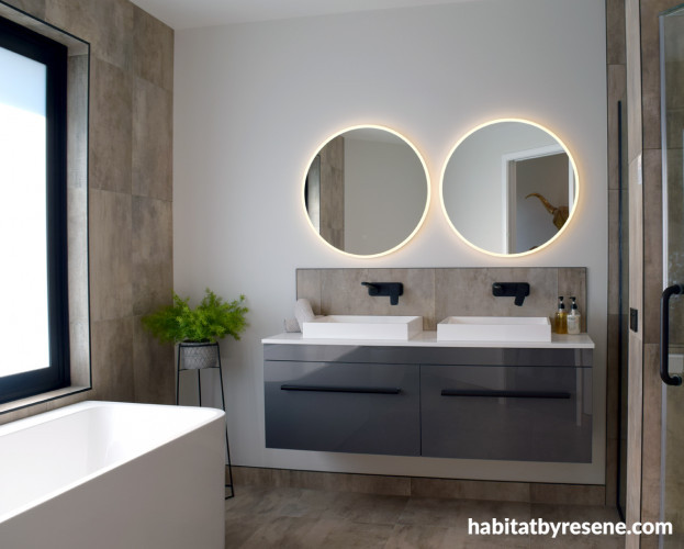 bathroom, ensuite, neutral bathroom, neutral ensuite, white bathroom, mirror lights, bathroom tiles