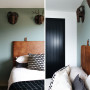 bedroom, green bedroom, green feature wall, resene smoky green, spare bedroom, feature headboard