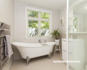 bathroom, white bathroom, neutrals, beige bathroom, clawfoot bath 