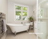 bathroom, white bathroom, neutrals, beige bathroom, clawfoot bath 