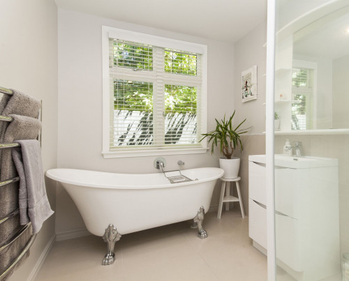 bathroom, white bathroom, neutrals, beige bathroom, clawfoot bath