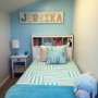 kids bedroom, children's bedroom, blue bedroom, blue feature wall, aqua