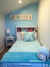 kids bedroom, children's bedroom, blue bedroom, blue feature wall, aqua