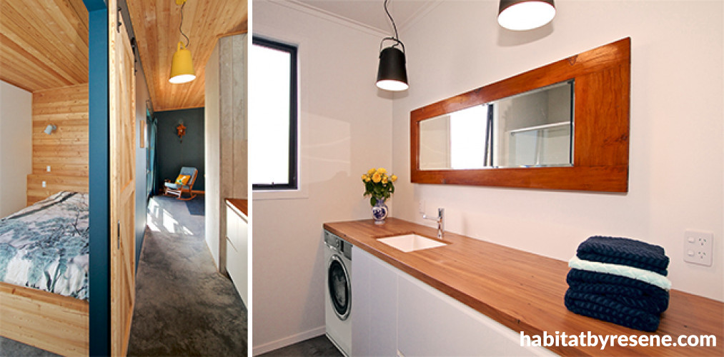 contemporary bach, modern cabin, contemporary cabin, modern cabin bathroom, new zealand cabin