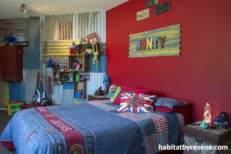 kids bedroom, childrens bedroom, boys bedroom, red feature wall, corrugated iron wall