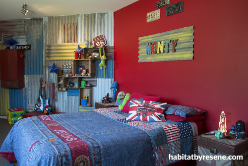 kids bedroom, childrens bedroom, boys bedroom, red feature wall, corrugated iron wall