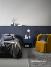 blue bedroom, blue interior, blue panelled wall, panelled feature wall, resene coast