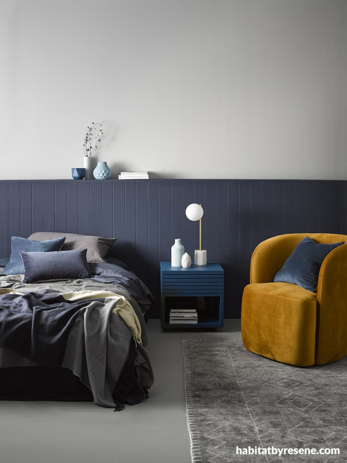 blue bedroom, blue interior, blue panelled wall, panelled feature wall, resene coast