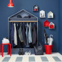 mudroom, mudroom storage, house shaped closet, blue mudroom, house shaped mudroom, red