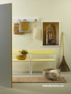 yellow mudroom, yellow entranceway, yellow bench seat, resene moonlight, upcycled benchseat