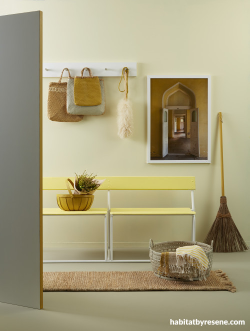 yellow mudroom, yellow entranceway, yellow bench seat, resene moonlight, upcycled benchseat