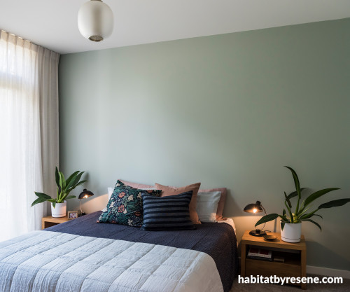 master bedroom, green bedroom, green feature wall, blue bedroom, green interior, blue feature wall