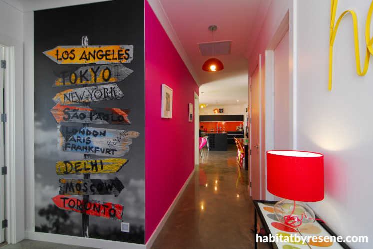 bright hallway, bright paint, colourful hallway, pink paint, bright interior, home decorating ideas 