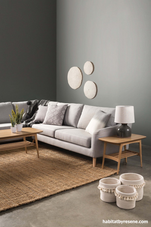 living room, lounge, grey living, grey lounge, grey couch, nood furniture, grey wall