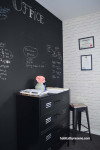 home office, study, black feature wall, blackboard paint, monochromatic, black and white study 