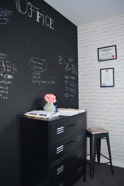 home office, study, black feature wall, blackboard paint, monochromatic, black and white study