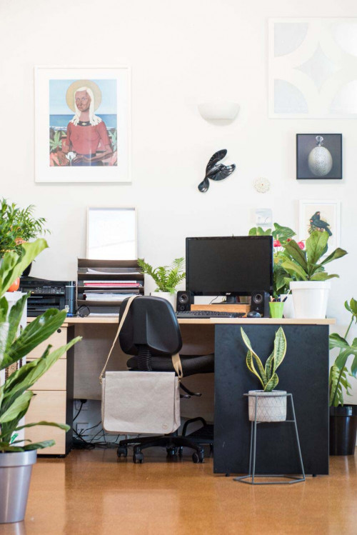 home office, study, white study, black and white, indoor plants, botanical inspired