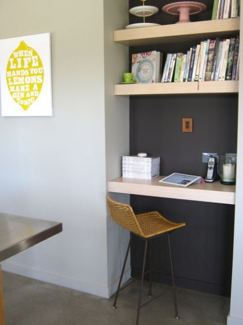 black and white, study, nook, recipe book shelf, paint