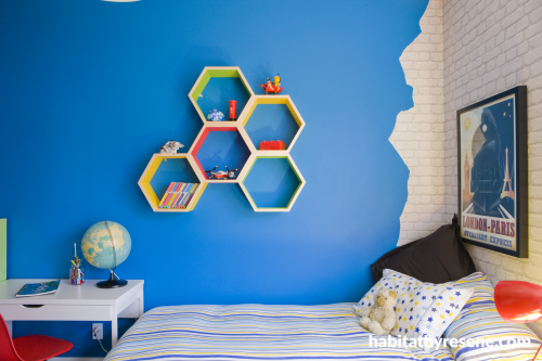 Childs room, wallpaper, blue paint