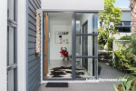 front door, entranceway, blue painted exterior, beach house