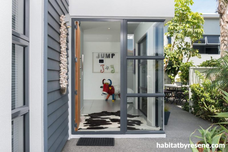 entranceway, beach house, blue exterior, blue paint, front doorway