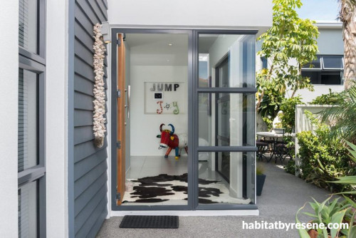 entranceway, beach house, blue exterior, blue paint, front doorway