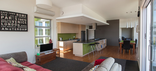 white, green, kitchen, white kitchen, wood kitchen, green splashback, living room