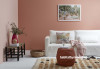 Living room, lounge, peach feature wall, pink living room, pink lounge, pink feature wall 