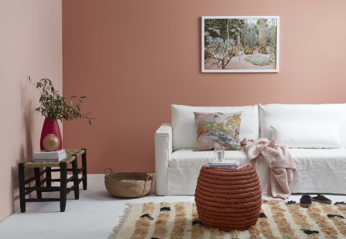 Living room, lounge, peach feature wall, pink living room, pink lounge, pink feature wall
