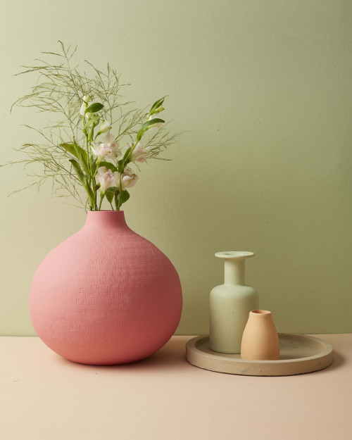 pink and green, pink vase, painted vase, green wall, green paint, pink paint, peach paint