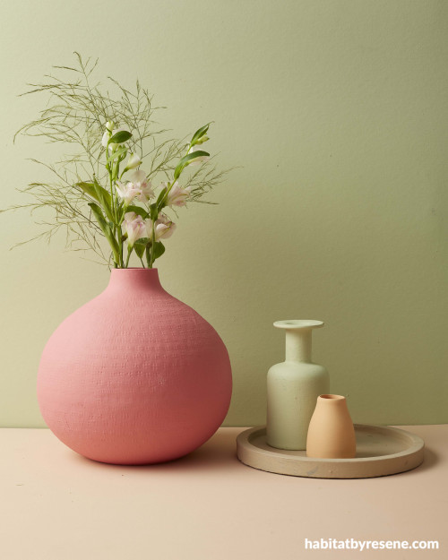 pink and green, pink vase, painted vase, green wall, green paint, pink paint, peach paint 