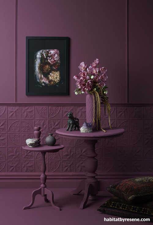 purple room, purple feature, purple paint, plum paint, textured wall, purple table