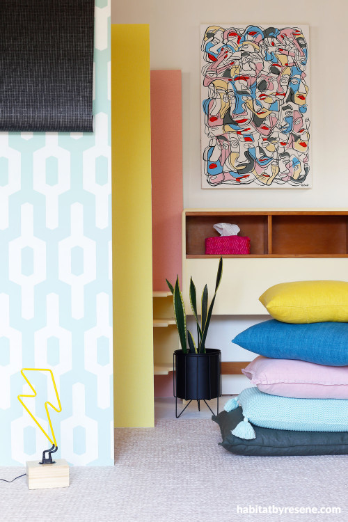 bedroom, retro bedroom, colourful bedroom, retro artwork, colourful accessories